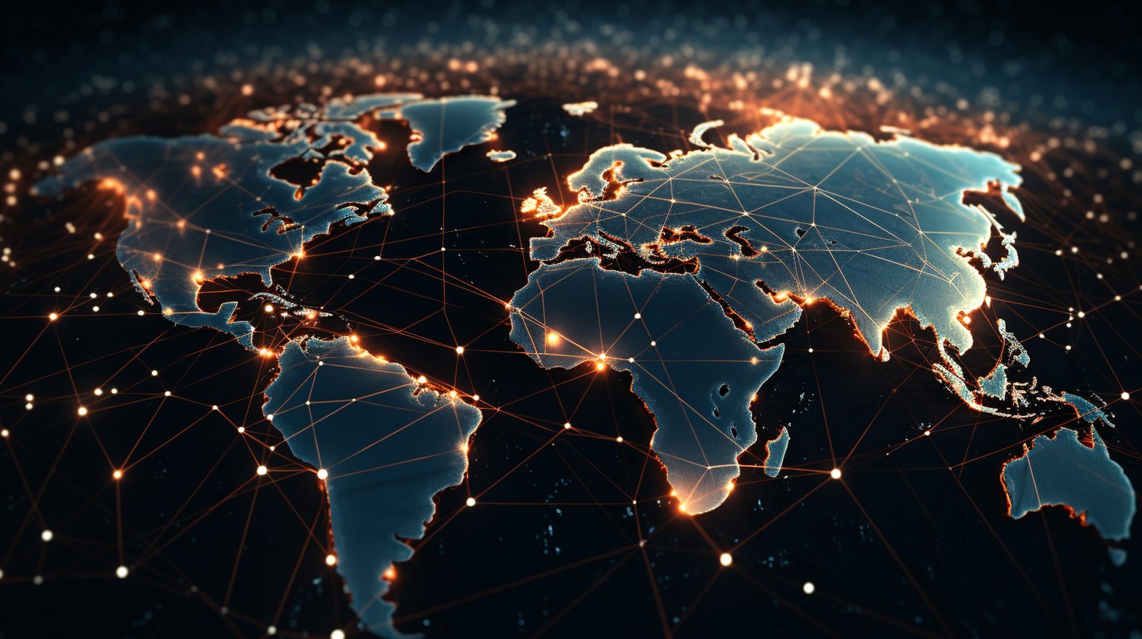 A global map with glowing dots indicating interconnected data centers and their network reach