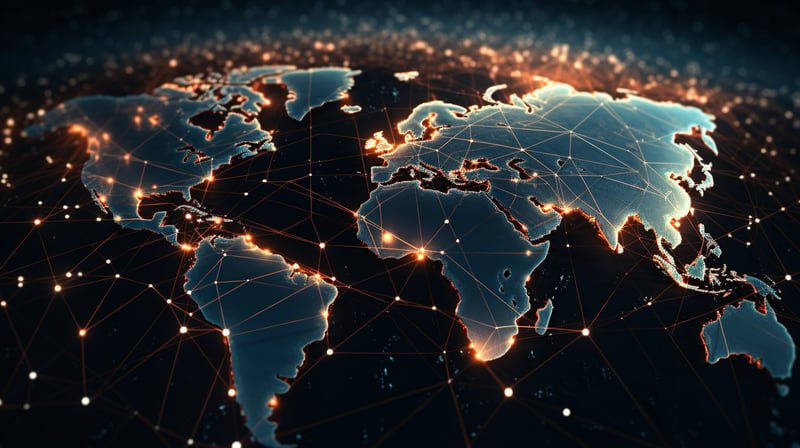 A global map with glowing dots indicating interconnected data centers and their network reach